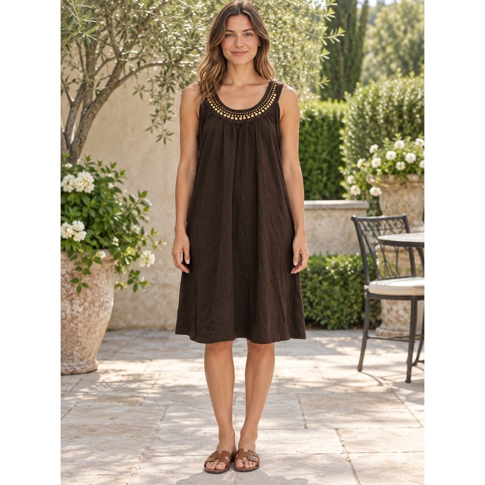 LOFT Embellished Dress Women S Brown Sleeveless Scoop Neck A-Line Classic